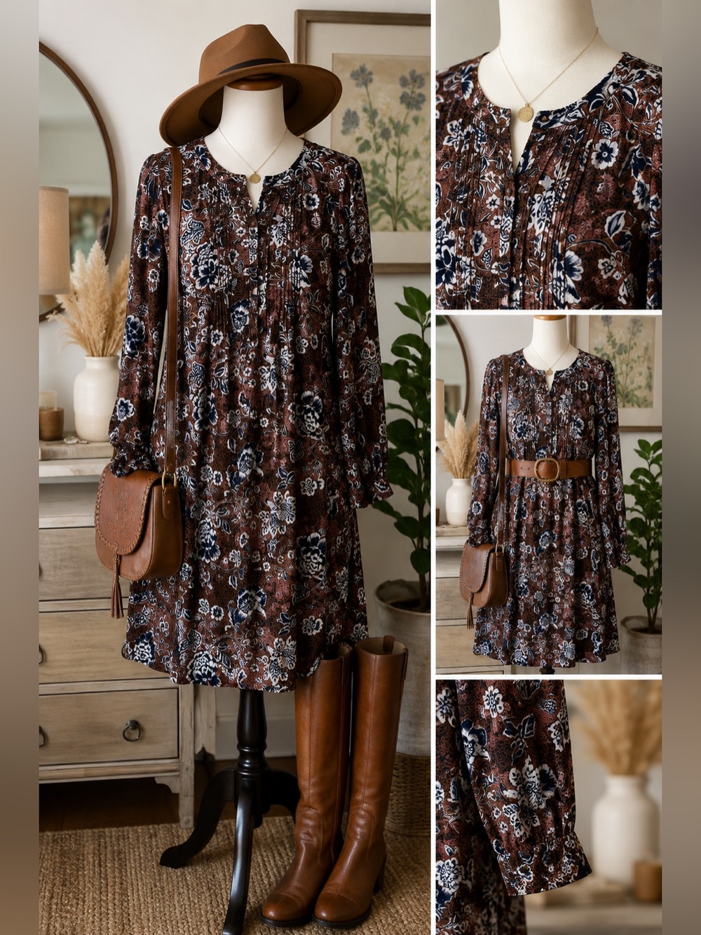 Garnet Hill Floral Long Sleeve Dress Brown Blue Boho Vintage Fully Lined Size S